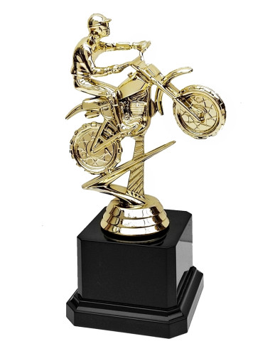 Q283-G  Statuetka plastikowa MOTOCROSS na postumencie - kolor złoty,  H-160mm (tab. 44x25 mm)