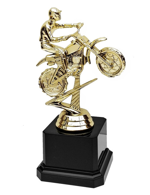 Q283-G  Statuetka plastikowa MOTOCROSS na postumencie - kolor złoty,  H-160mm (tab. 44x25 mm)