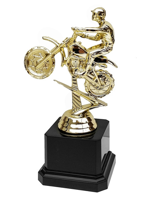 Q283-G  Statuetka plastikowa MOTOCROSS na postumencie - kolor złoty,  H-160mm (tab. 44x25 mm)