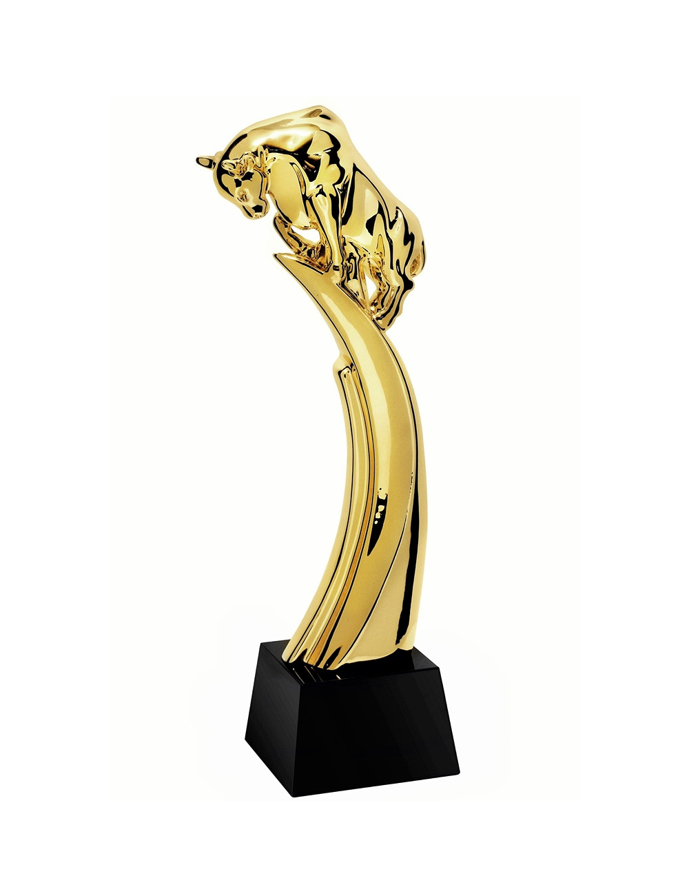 QRX003-G Statueta odlewana BYK / MODERN BULL w ozdobnym etui GIFTBOX GOLD / kryształowy postument, wysokość H-300mm, W-100mm / m
