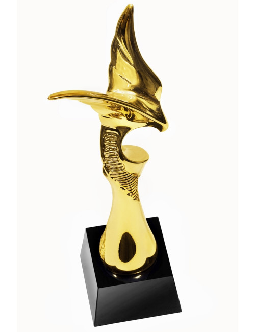 QRX004-G Statueta odlewana ORZEŁ / MODERN EAGLE w ozdobnym etui GIFTBOX GOLD / kryształowy postument, wysokość H-300mm, W-90mm /