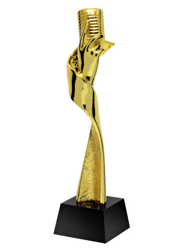 QRX005-G Statueta odlewana MIKROFON / MODERN MUSIC w ozdobnym etui GIFTBOX GOLD / kryształowy postument, wysokość H-310mm, W-80m