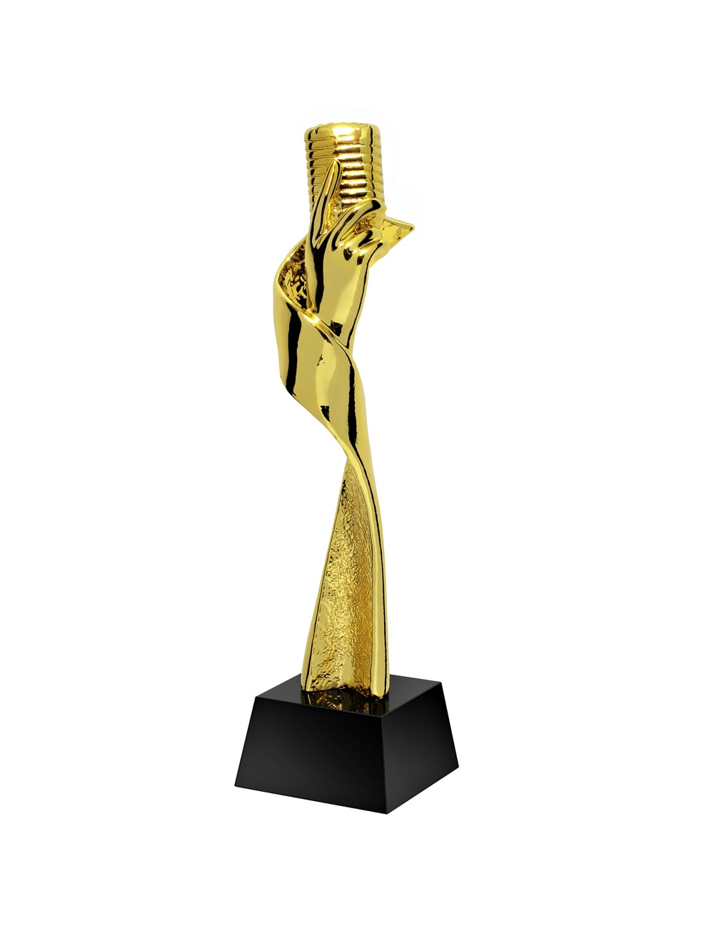 QRX005-G Statueta odlewana MIKROFON / MODERN MUSIC w ozdobnym etui GIFTBOX GOLD / kryształowy postument, wysokość H-310mm, W-80m