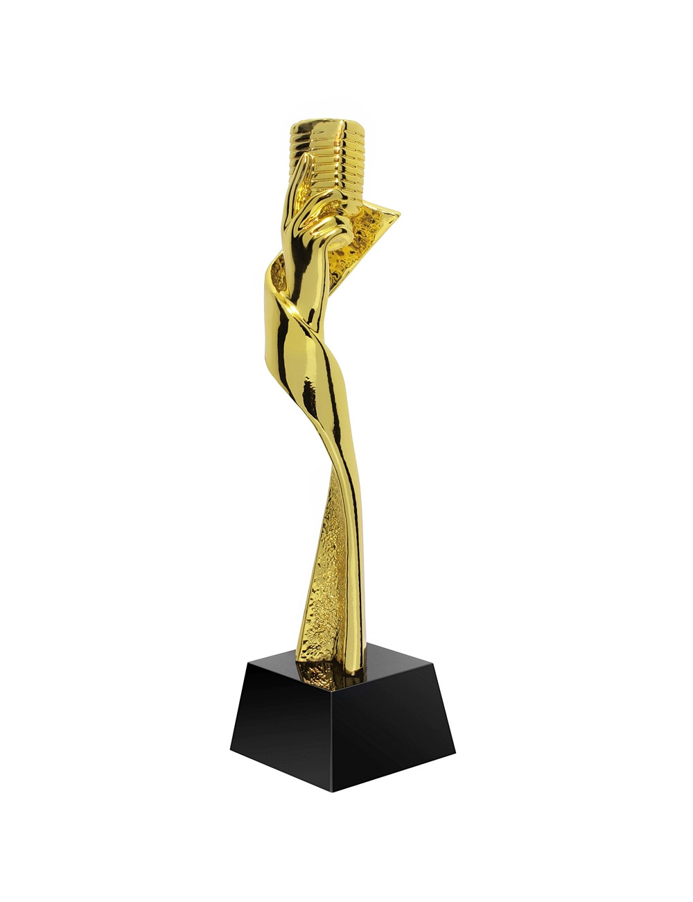QRX005-G Statueta odlewana MIKROFON / MODERN MUSIC w ozdobnym etui GIFTBOX GOLD / kryształowy postument, wysokość H-310mm, W-80m