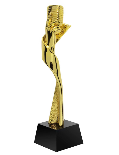 QRX005-G Statueta odlewana MIKROFON / MODERN MUSIC w ozdobnym etui GIFTBOX GOLD / kryształowy postument, wysokość H-310mm, W-80m