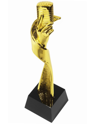 QRX005-G Statueta odlewana MIKROFON / MODERN MUSIC w ozdobnym etui GIFTBOX GOLD / kryształowy postument, wysokość H-310mm, W-80m