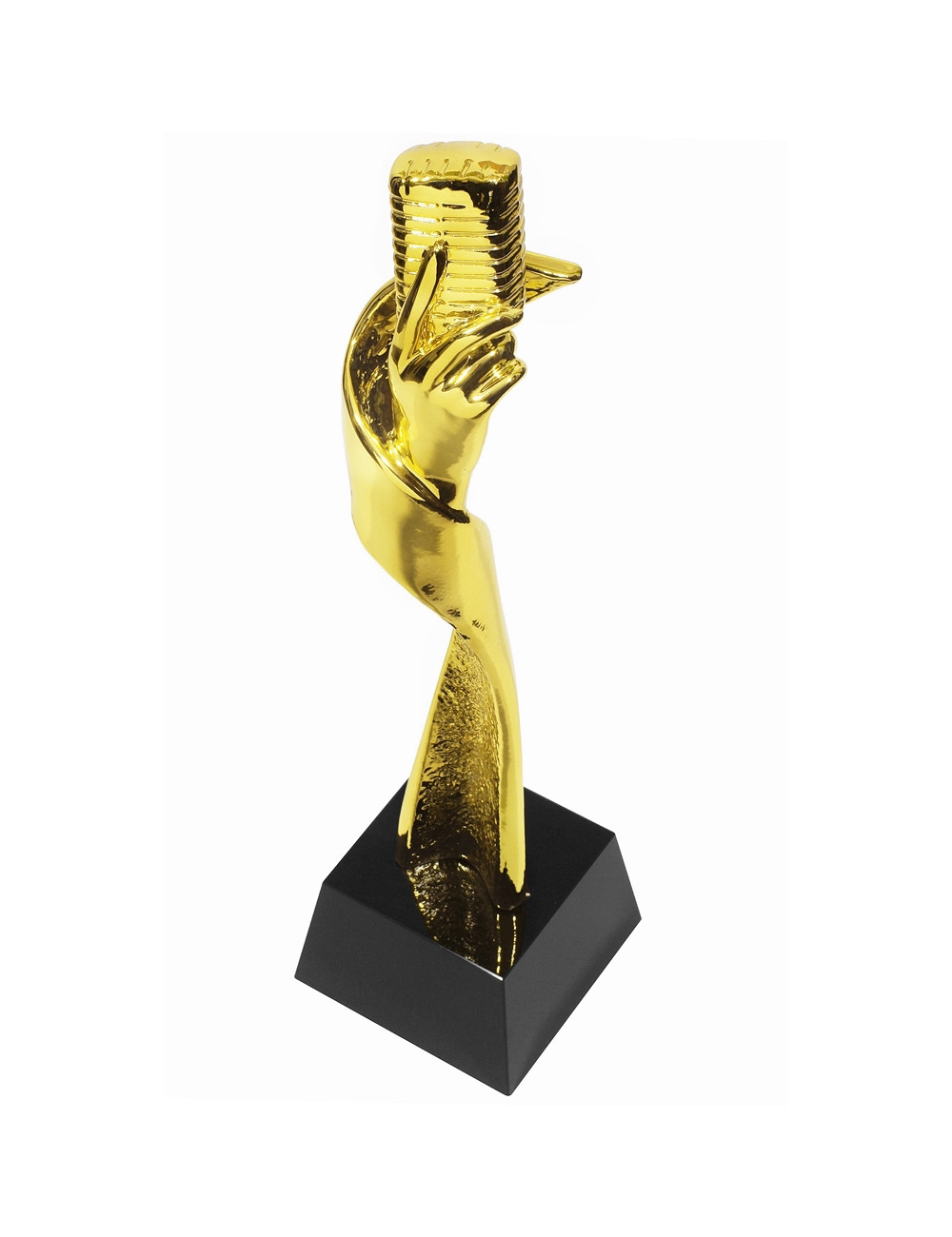 QRX005-G Statueta odlewana MIKROFON / MODERN MUSIC w ozdobnym etui GIFTBOX GOLD / kryształowy postument, wysokość H-310mm, W-80m
