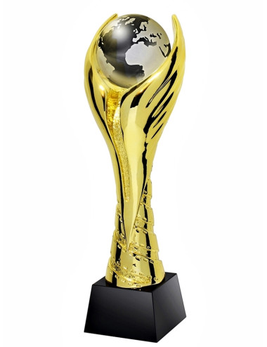 QRX014-G Statueta odlewana KULA ZIEMSKA / WINGED GLOBE w ozdobnym etui GIFTBOX GOLD / kryształowy postument, wysokość H-300mm, W