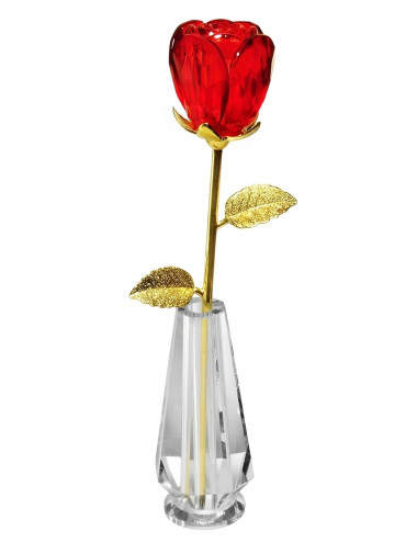 ROSE-GLASS  + VASE Trofeum szklane - RÓŻA  z kryształowym wazonem, kolor złoto-czerwony, wysokość H-300mm + GIFTBOX