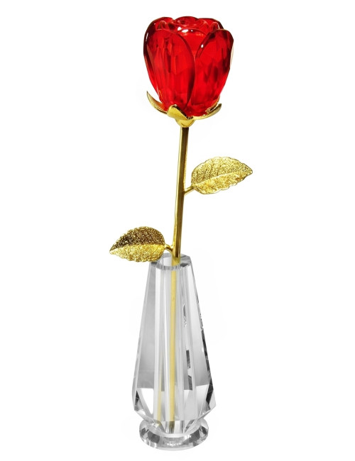 ROSE-GLASS  + VASE Trofeum szklane - RÓŻA  z kryształowym wazonem, kolor złoto-czerwony, wysokość H-300mm + GIFTBOX