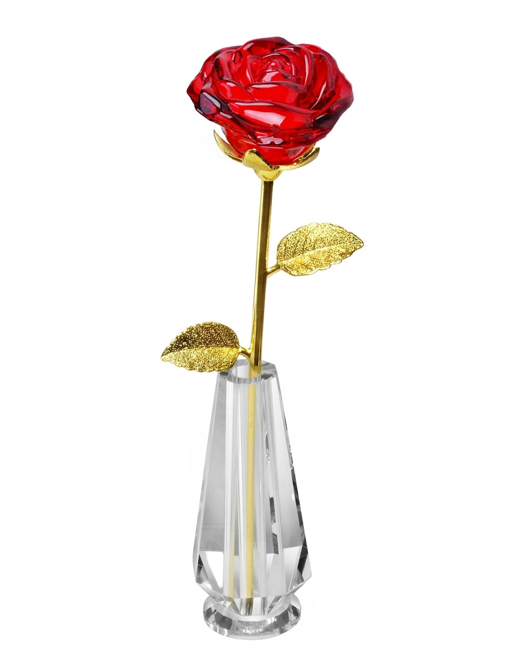 ROSE-GLASS + VASE   Trofeum szklane - RÓŻA z kryształowym wazonem, kolor złoto-czerwony, wysokość H-280mm + GIFTBOX
