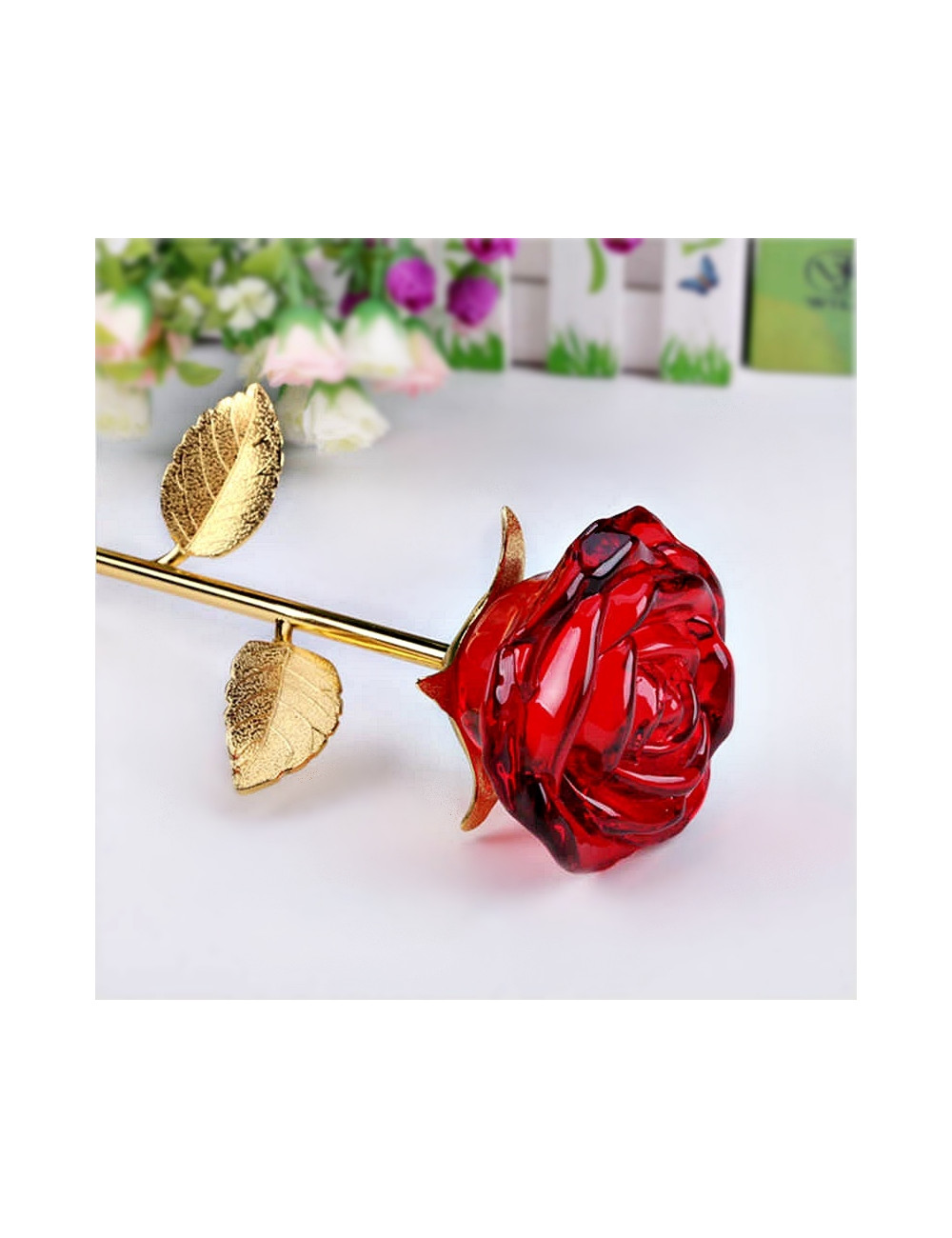 ROSE-GLASS + VASE   Trofeum szklane - RÓŻA z kryształowym wazonem, kolor złoto-czerwony, wysokość H-280mm + GIFTBOX