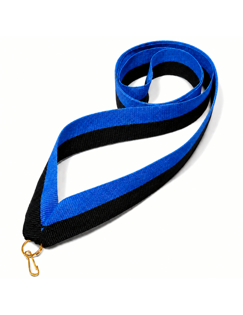 V2-BK/BLUE  Wstążka do medali CZARNO-NIEBIESKA, szerokość 22mm, długość 82cm, złoty karabińczyk