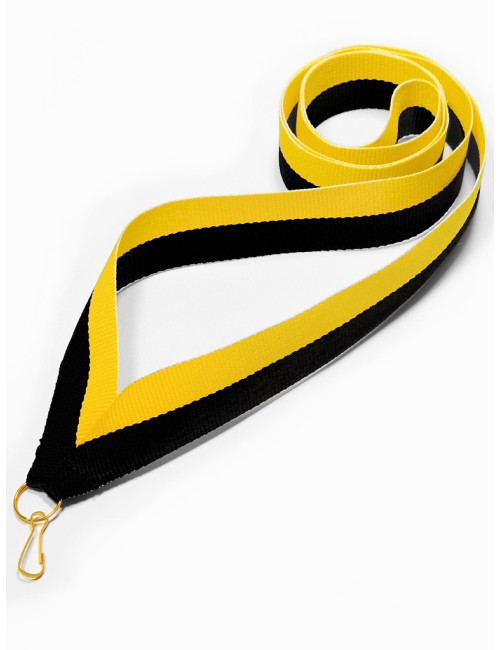V2-BK/Y  Wstążka do medali CZARNO-ŻÓŁTA, szerokość 22mm, długość 82cm, złoty karabińczyk