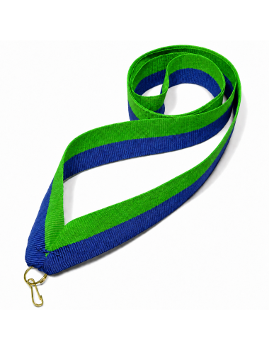 V2-BL/GREEN  Wstążka do medali NIEBIESKO-ZIELONA, szerokość 22mm, długość 82cm, złoty karabińczyk