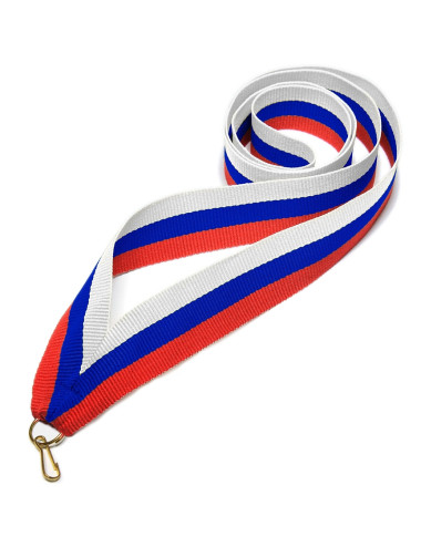 V2-R/W/BL-zestaw 10szt  Wstążka do medali CZERWONO-BIAŁO-NIEBIESKA, szerokość 22mm, długość 82cm, złoty karabińczyk