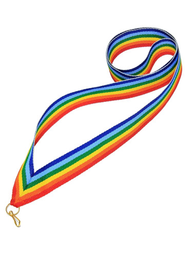 V2-RAINBOW  Wstążka do medali WIELOKOLOROWA - TĘCZA, szerokość 22mm, długość 82cm, złoty karabińczyk