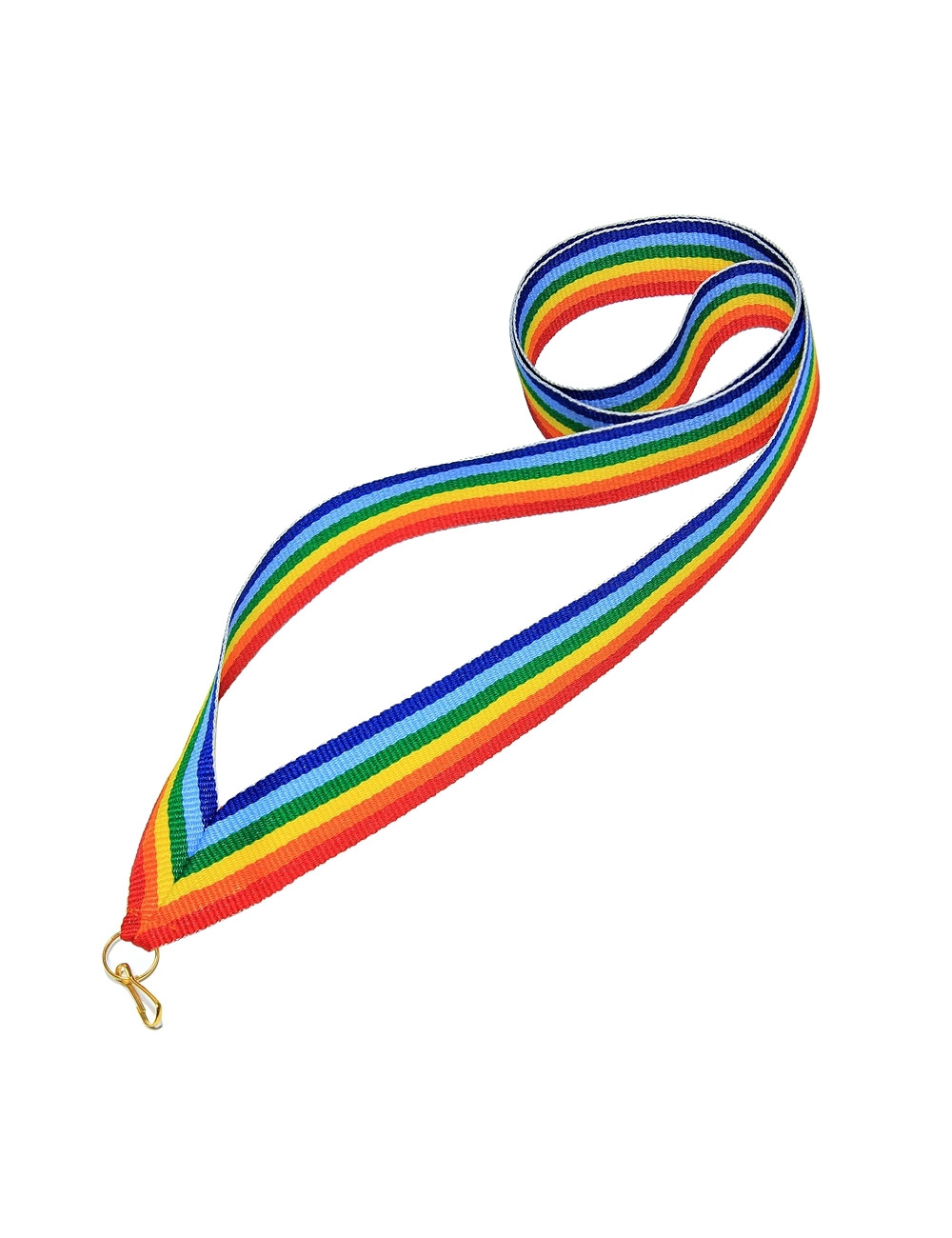 V2-RAINBOW  Wstążka do medali WIELOKOLOROWA - TĘCZA, szerokość 22mm, długość 82cm, złoty karabińczyk