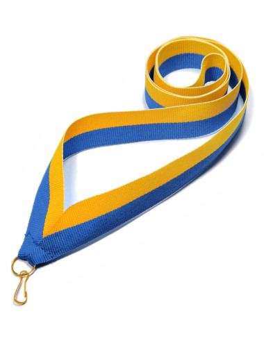V2-Y/BL  Wstążka do medali ŻÓŁTO-NIEBIESKA, szerokość 22mm, długość 82cm, złoty karabińczyk