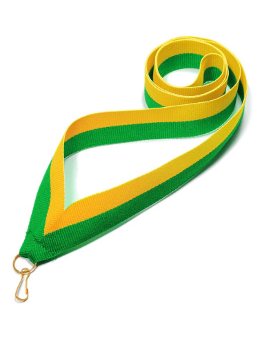 V2-Y/GN  Wstążka do medali ZIELONO-ZÓŁTA, szerokość 22mm, długość 82cm, złoty karabińczyk