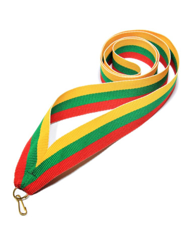 V2-Y/GN/R  Wstążka do medali ŻÓŁTO-ZIELONO-CZERWONA, szerokość 22mm, długość 82cm, złoty karabińczyk