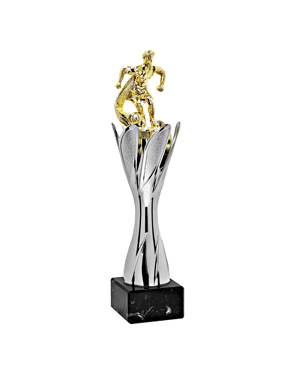 X123-PX04  Statuetka piłka nożna - TWIST - kolor srebrno-złoty, wysokość H-250mm, (tab. 50x25 mm / MX420)