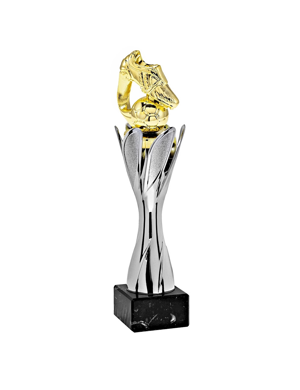 X123-PX05  Statuetka piłka nożna but - TWIST - kolor srebrno-złoty, wysokość H-250mm, (tab. 50x25 mm / MX420)