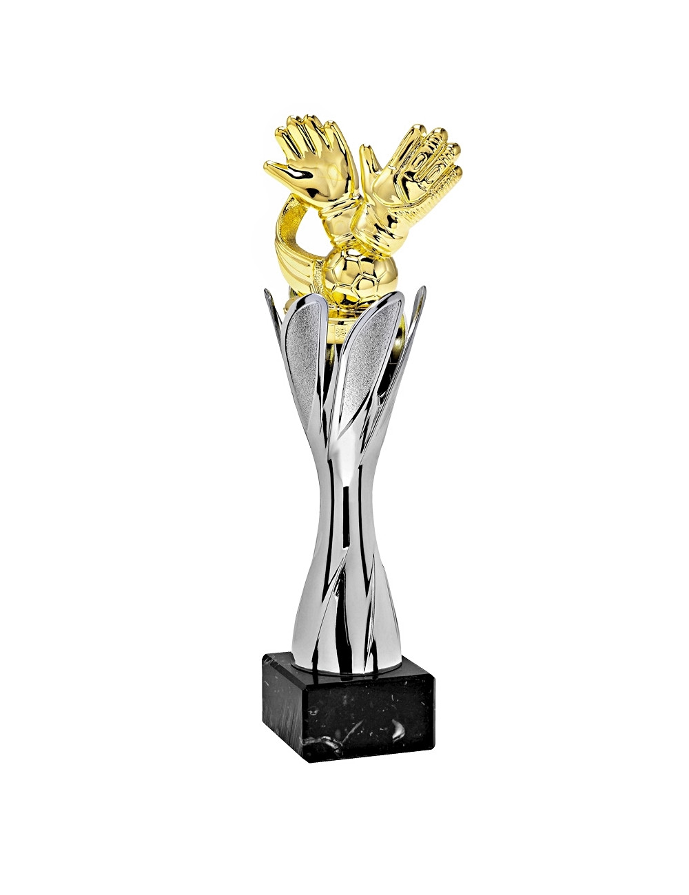 X123-PX13  Statuetka piłka nożna bramkarz - TWIST - kolor srebrno-złoty, wysokość H-250mm, (tab. 50x25 mm / MX420)