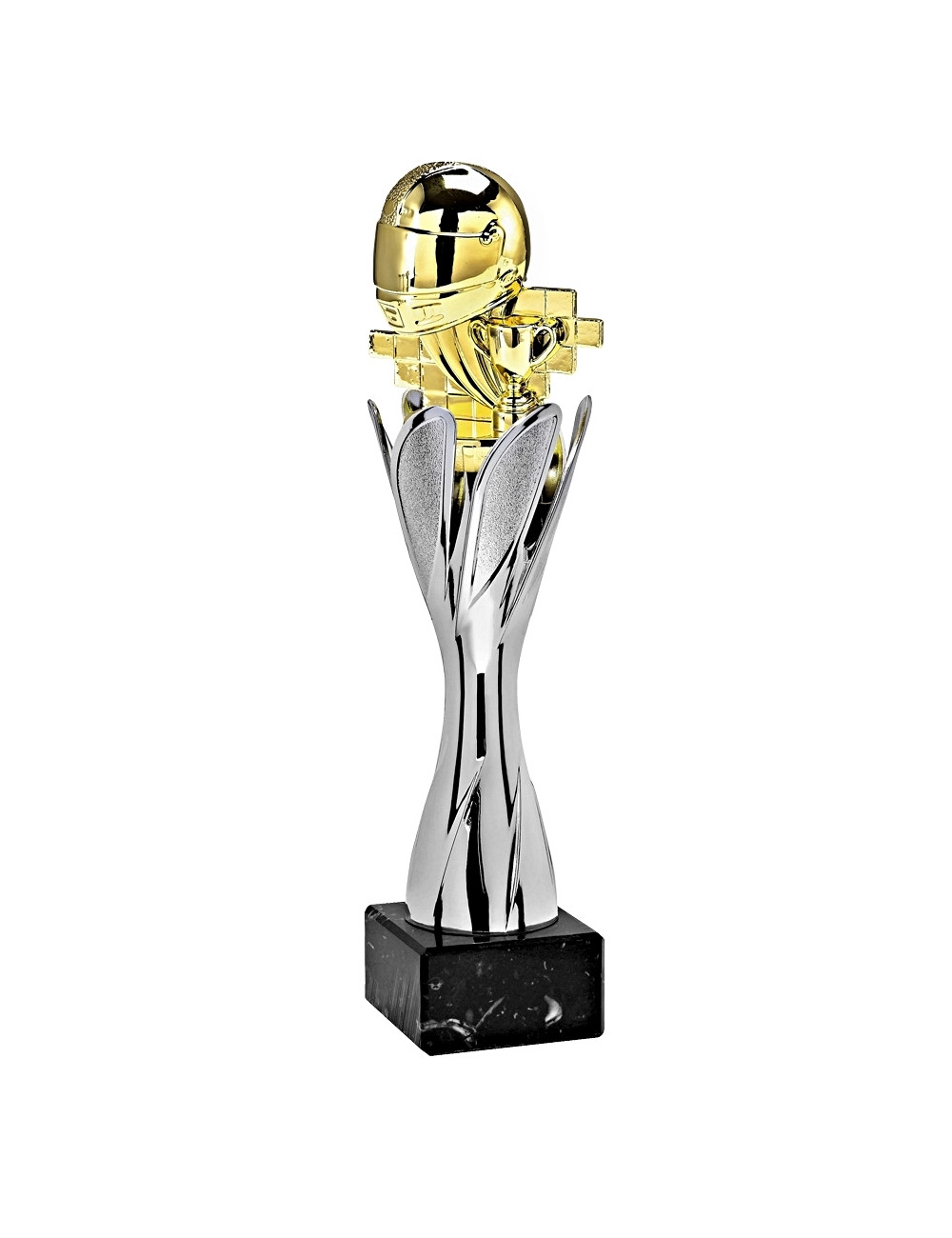 X123-PX26  Statuetka sporty motorowe - TWIST - kolor srebrno-złoty, wysokość H-250mm, (tab. 50x25 mm / MX420)