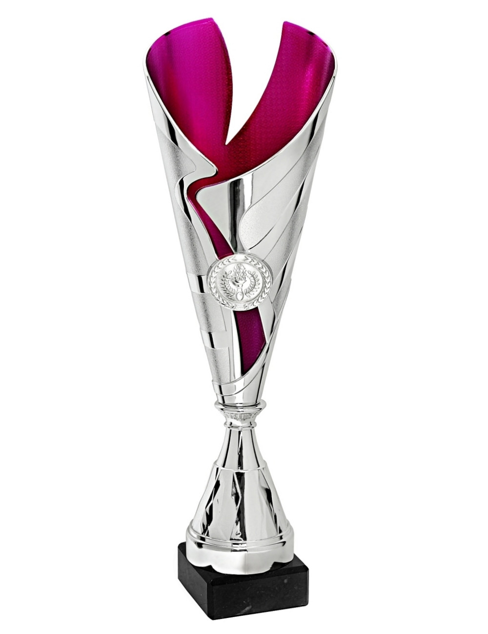 X177A  Puchar plastikowy ROSA - kolor srebrno-różowy H-370 mm W-110 mm (tab. 60x25 mm / MX421) • X177-seria • WIELKOŚĆ: wielkość