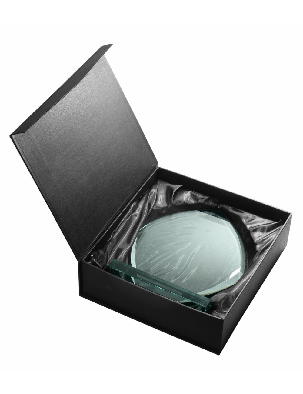XME052 - Trofeum szklane ukosowane ŁEZKA opak. czarny GIFT BOX - grubość szkła 12mm,  rozmiar H-210mm x W-210mm