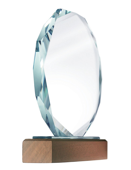 XME2012 Trofeum szklane CLEAR+WOOD 160x190mm, grubość szkła 15mm + etui typu GIFTBOX
