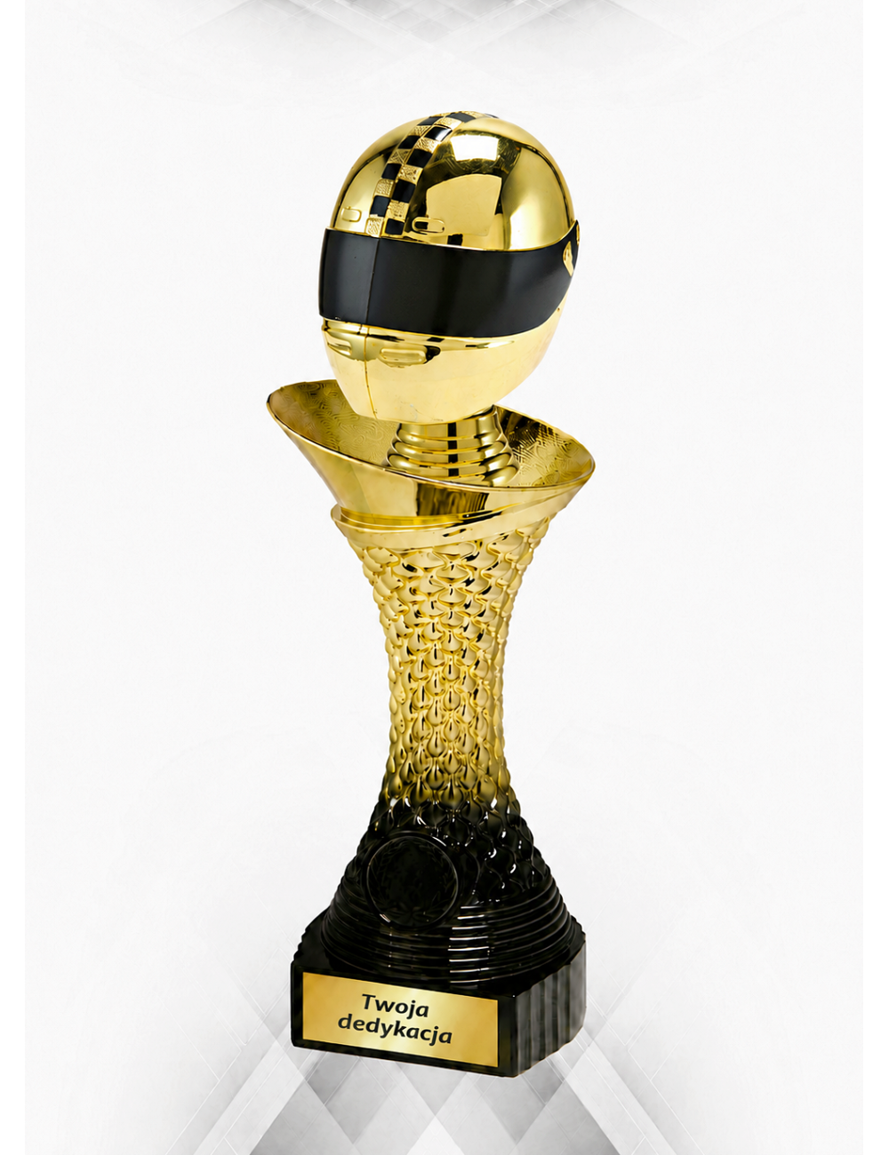 Q516A-BK  Statuetka HEAVY - motoryzacja - kask , kolor złoto-czarny H-275mm, insert 25mm (tab.60x24 mm M) • Q516-BK seria  Statu