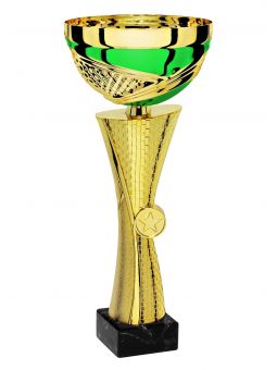 X370D  Puchar kolor złoto-zielony z miejscem na wklejkę 25mm, H-250 mm, R-100 mm (tab. 50x25 mm / MX420) • X370-seria