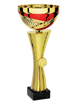 X371D  Puchar kolor złoto-czerwony z miejscem na wklejkę 25mm, H-250 mm, R-100 mm (tab. 50x25 mm / MX420) • X371-seria